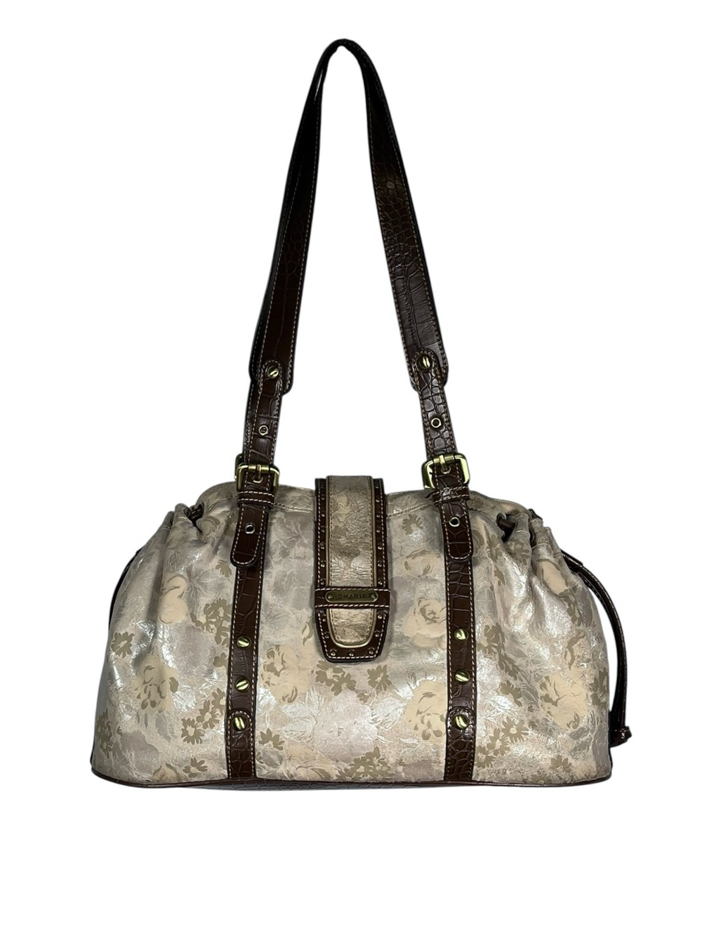 Sharif Beige Leather Satchel Floral Jacquard Shoulder Bag Slouchy Romantic Boho
